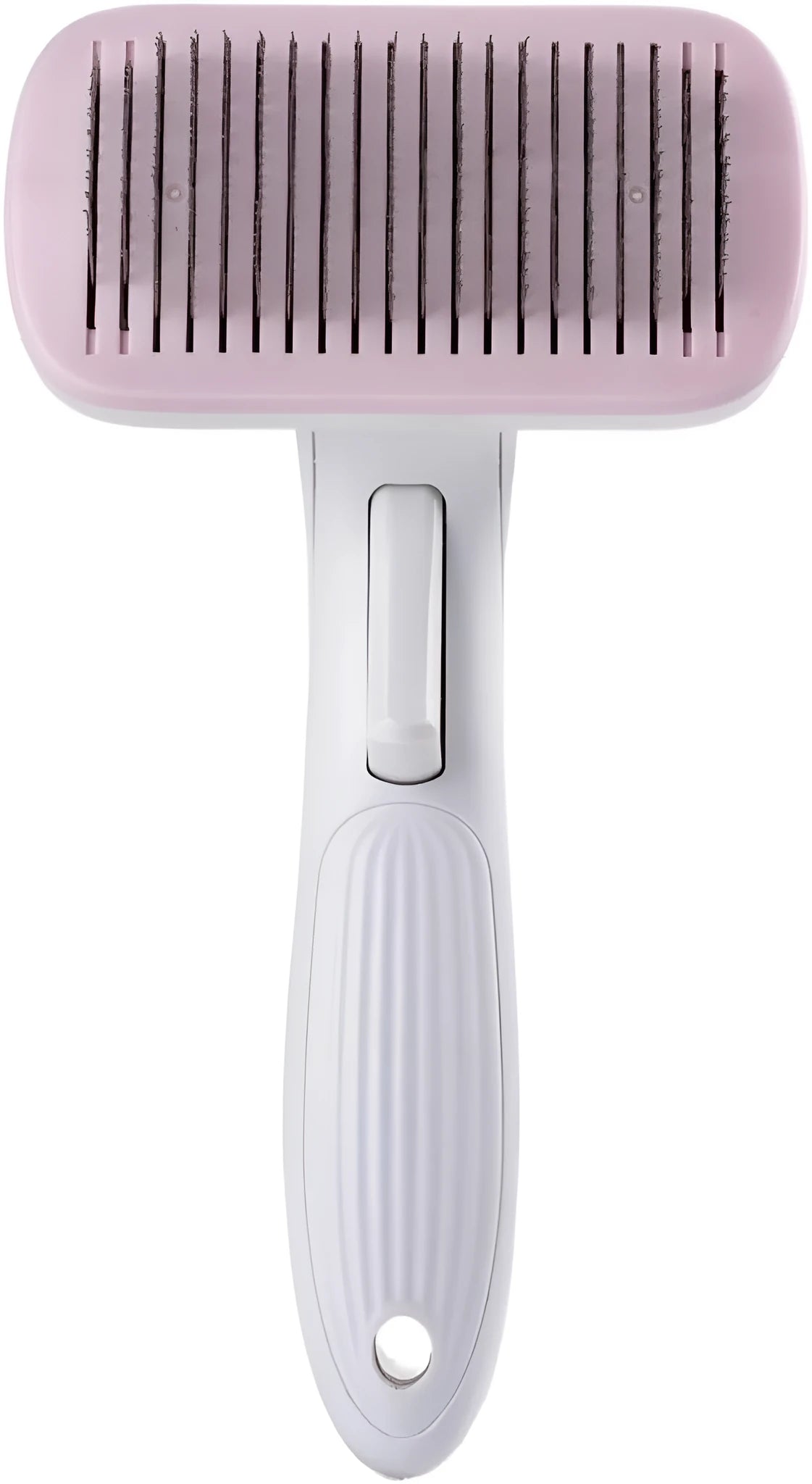 Blue automatic pet hair removal comb on a table, showing its size and one-click button.