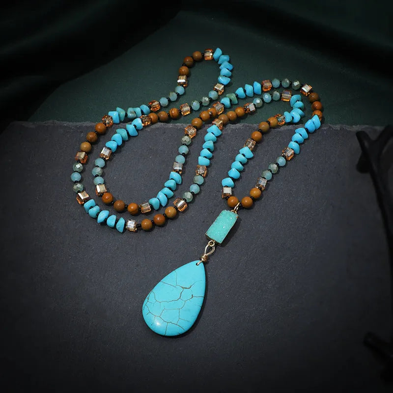 Turquoise blue water drop imitation mineral pendant necklace with ball bead chain, heart and geometric shapes.