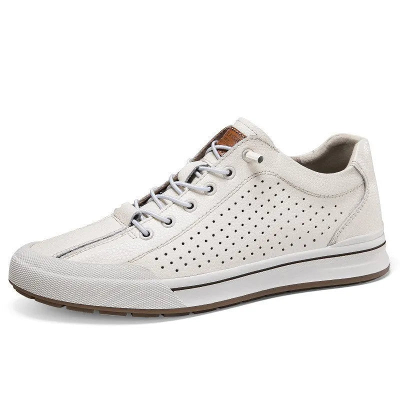 Men's white and black platform trainers with round toe and 6cm heel.