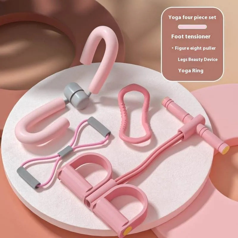 Yoga four piece fitness set showing leg stretcher, yoga ring, pedal chest expander, and figure eight tension rope.