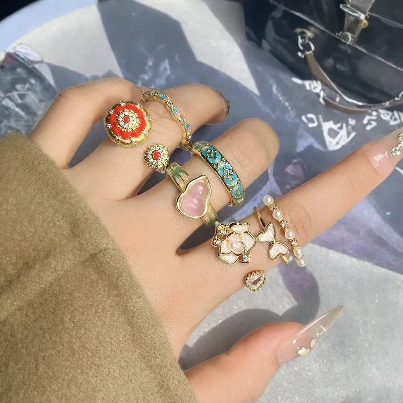 Adjustable vintage oil dripping gourd ring in antique copper with inlaid zircon stones