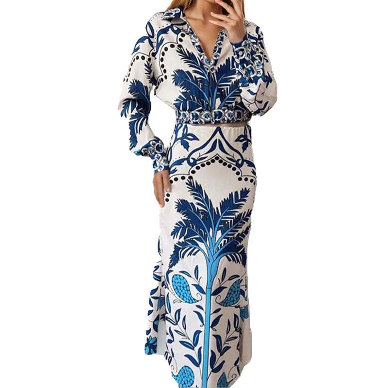 Early spring idle style women's casual set with long sleeve polyester top and matching long skirt