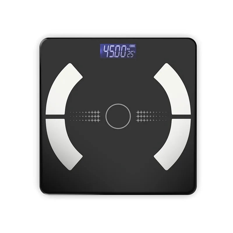 Smart body fat scale in white, black or pink colours showing weight, fat, calorie and moisture measurement functions