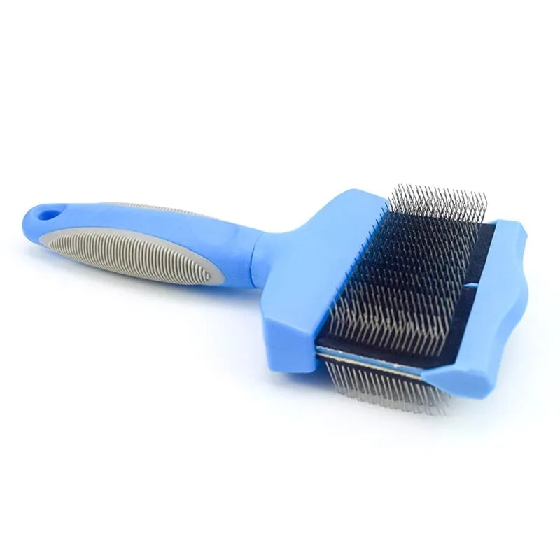 Double-sided pet brush with stainless steel pins on one side and soft bristles on the other