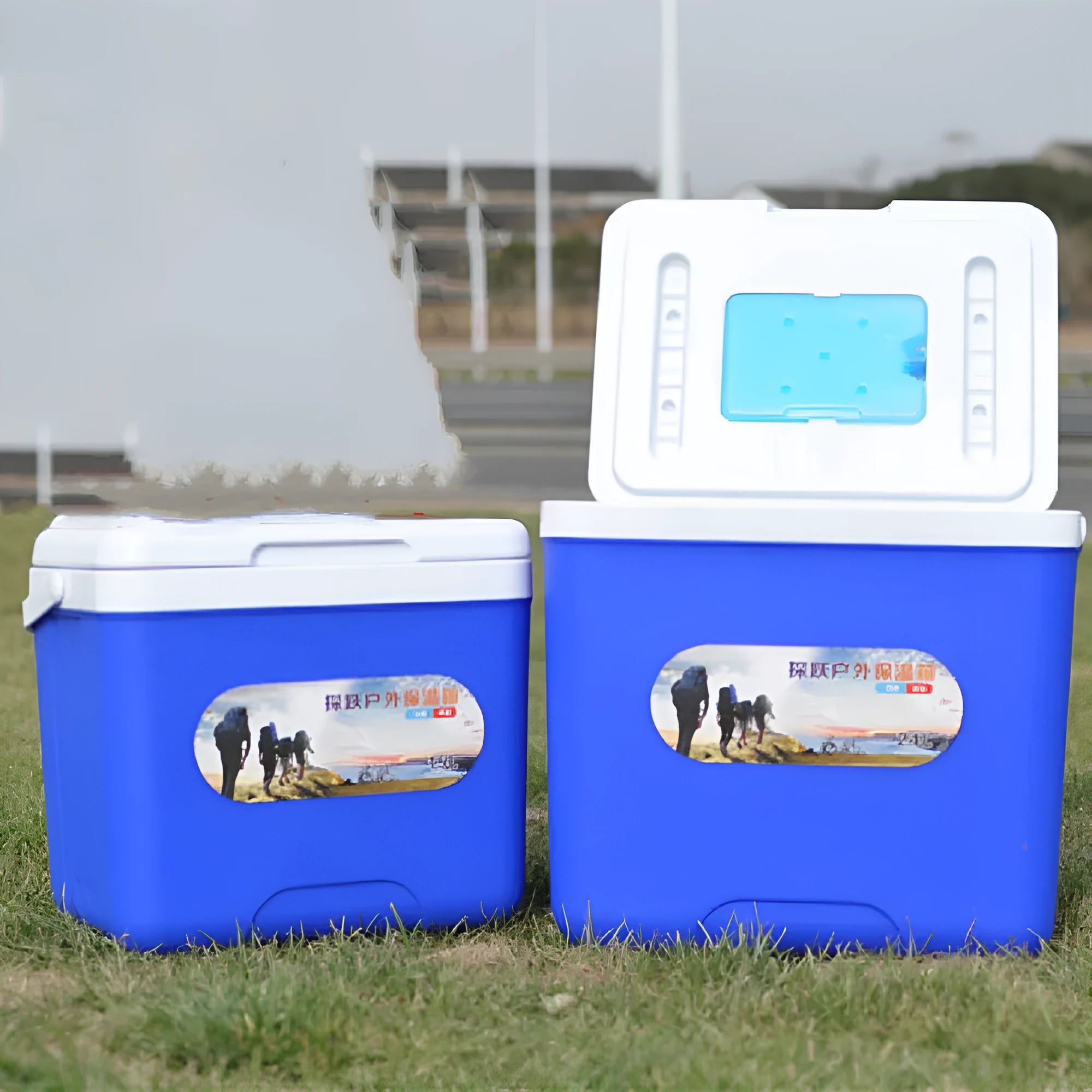 Blue portable insulated cooler box with aluminium foil exterior for outdoor and travel use.
