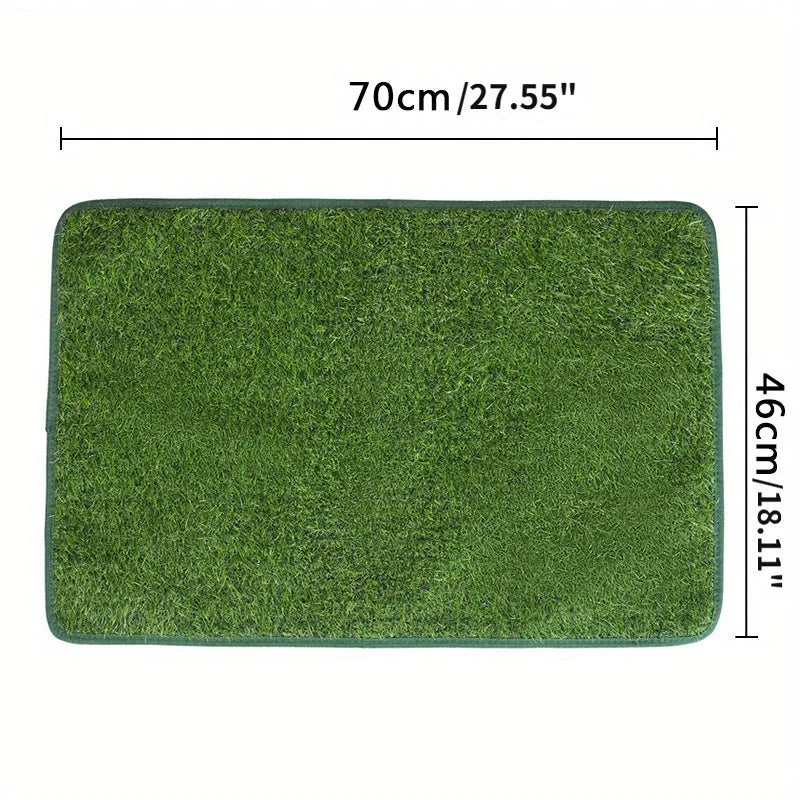 Artificial grass dog toilet training mat with drainage holes and rubber backing in three size options.
