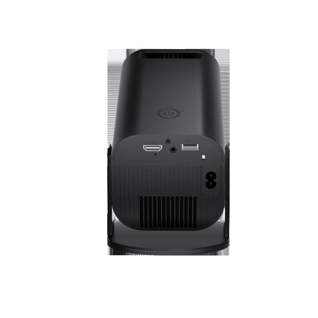 P330 portable mini projector in black or white with remote control on a table