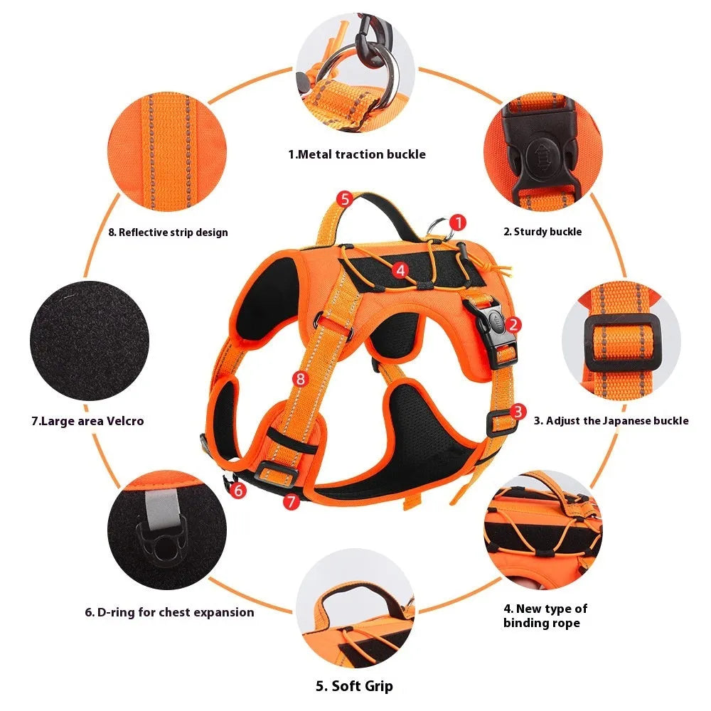 Orange reflective dog vest harness with a black full-handle grip rope attached.