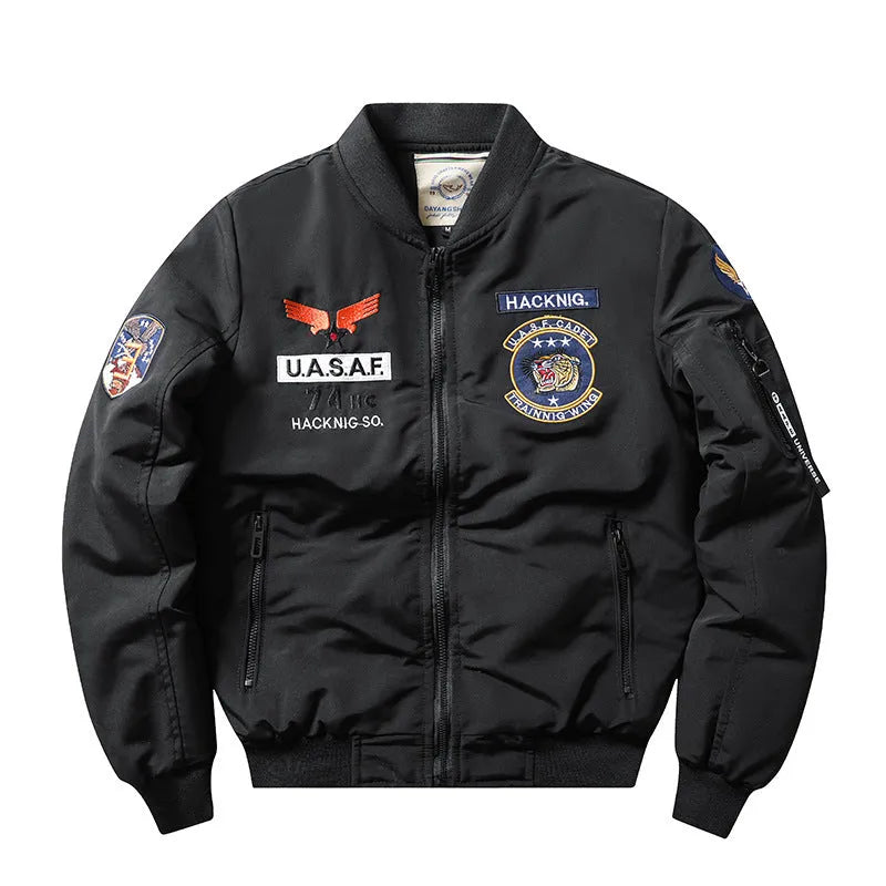 Men's slim-fit stand collar motorcycle coat in black with retro embroidery and patch pockets