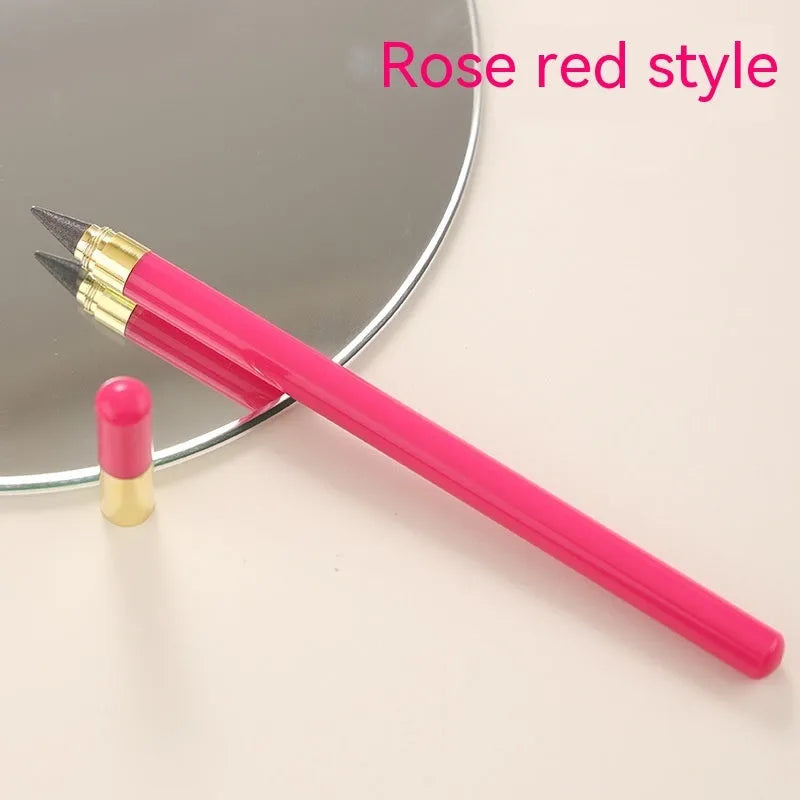 Transparent acrylic eternal mechanical pencil with visible alloy nib and a selection of coloured HB graphite refills.
