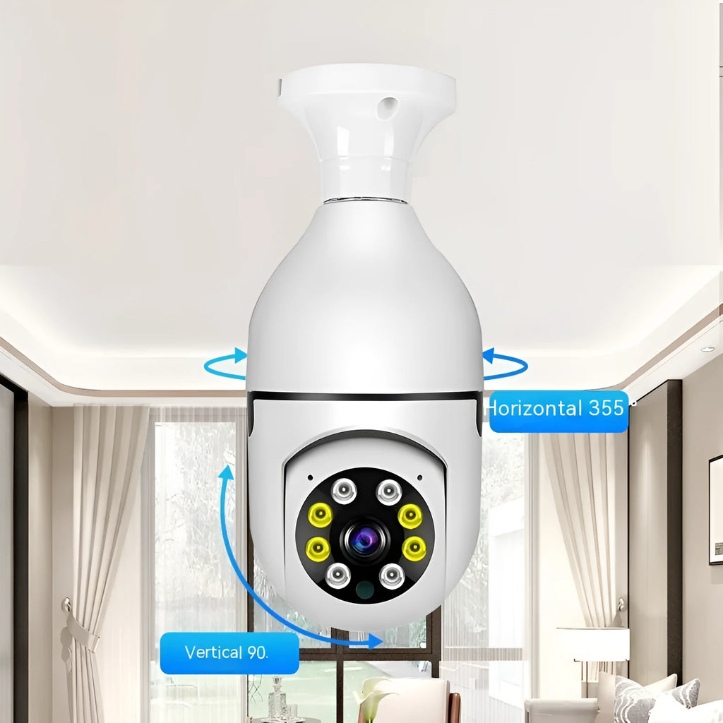 Wireless bulb security camera with metal and plastic housing, measuring 5cm by 12cm.
