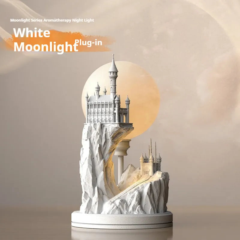 White composite gypsum table lamp with cable and switch on a surface.