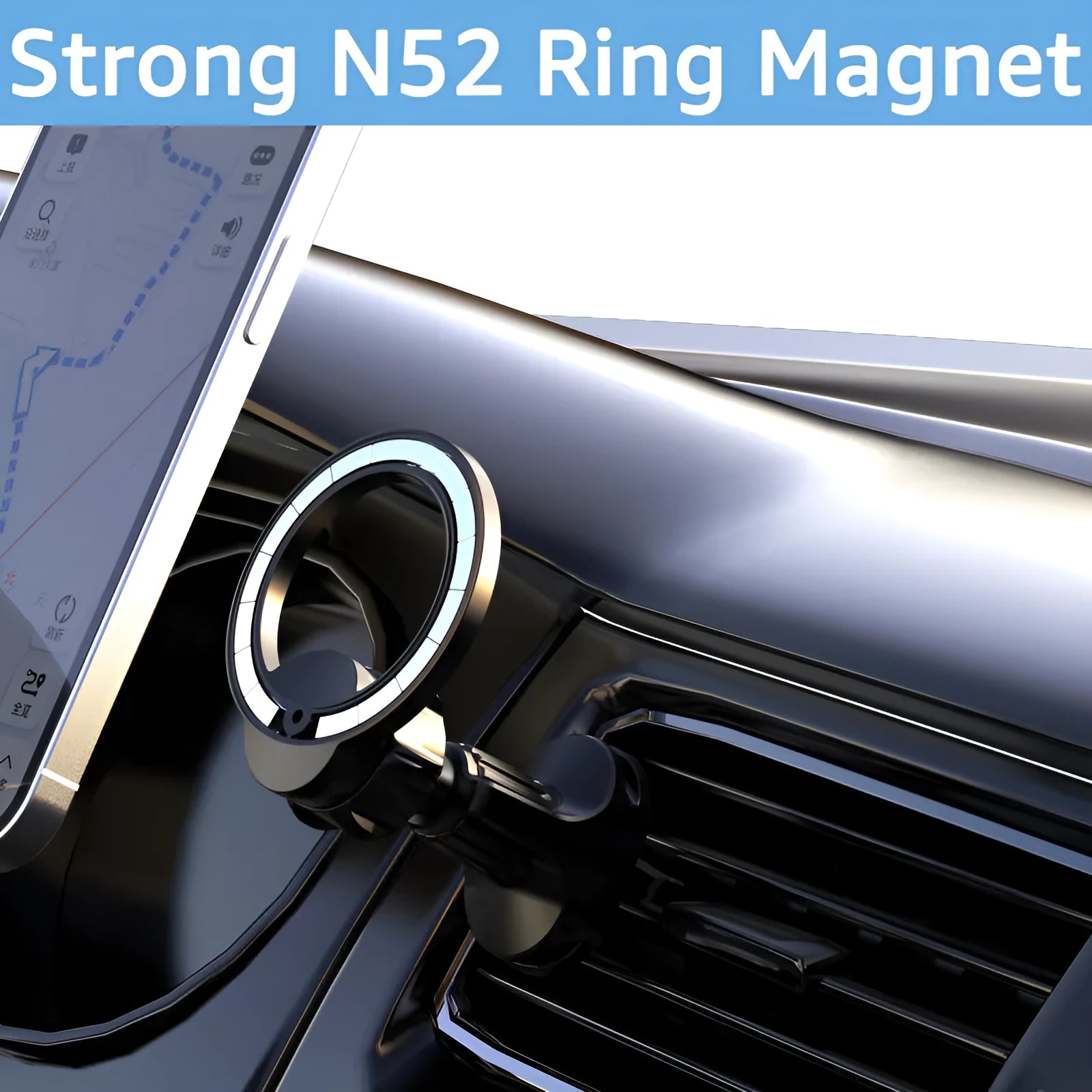 Black magnetic car air vent phone holder with O-ring bracket for 6.8 inch mobile devices
