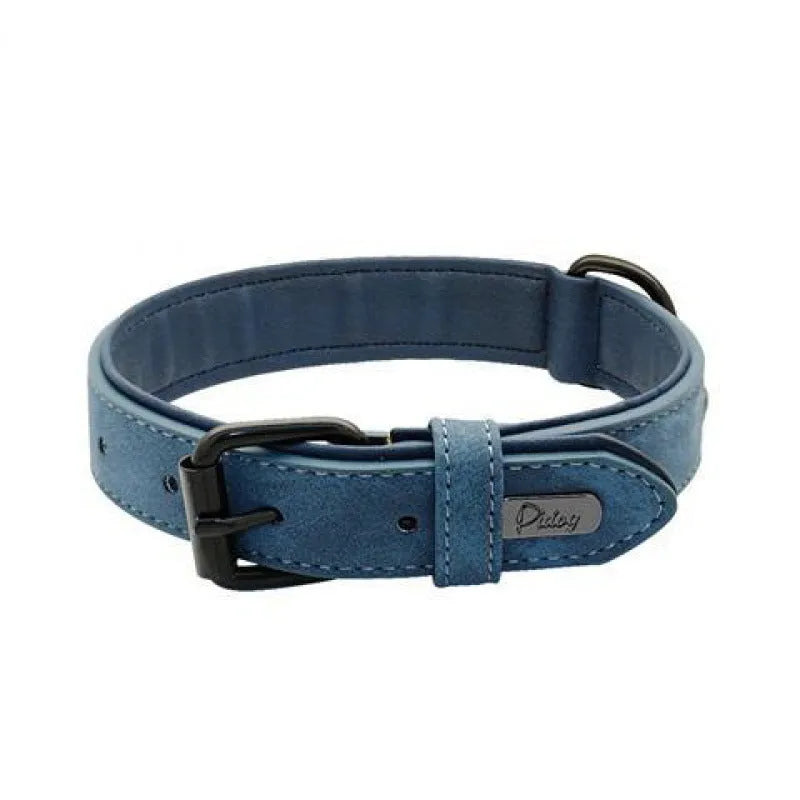 Adjustable dog collar in purple with PU leather front and microfiber fabric backing on a white background.