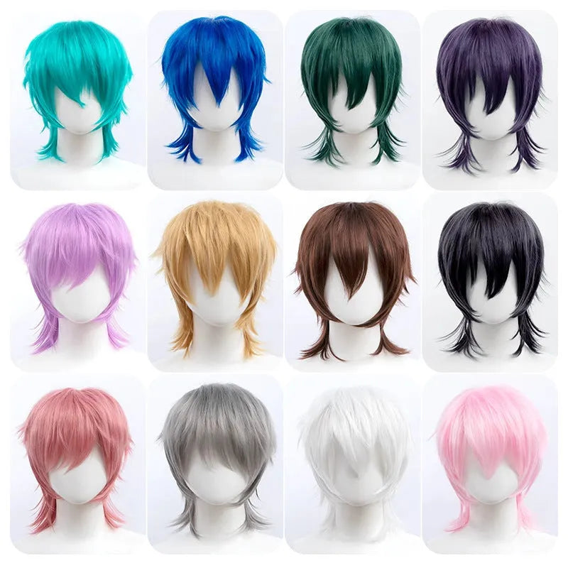 Short anime-style cosplay wig for men in high-temperature fibre with a lengthened hair tail.