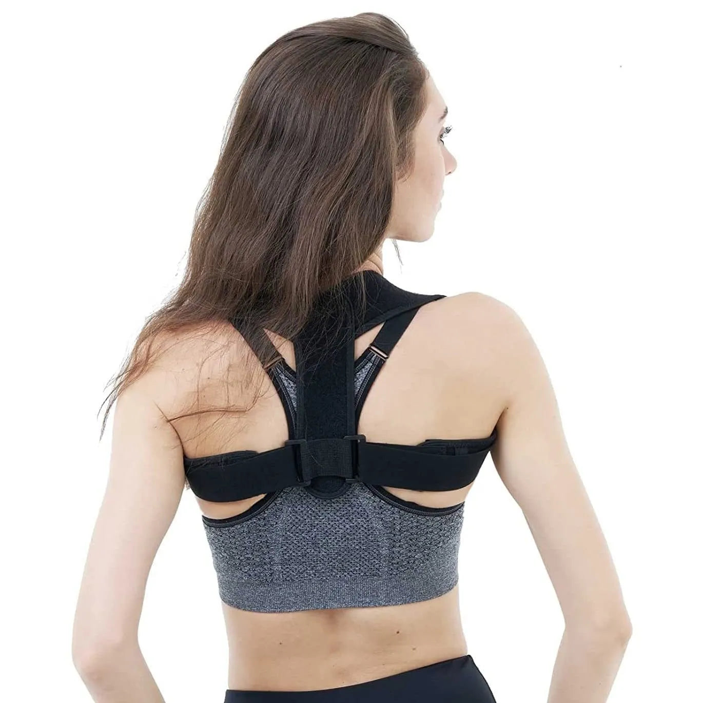 Black adjustable posture correction strap with breathable mesh construction