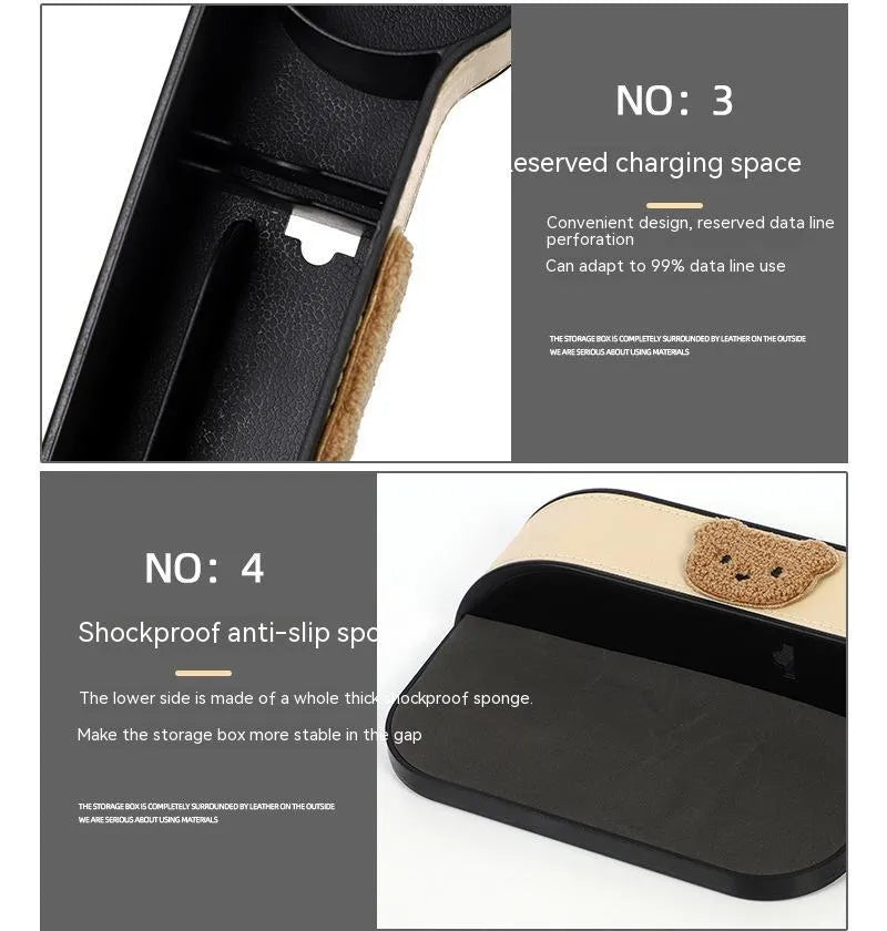 Leather car seat gap storage box with cartoon bear design for centre console organisation.