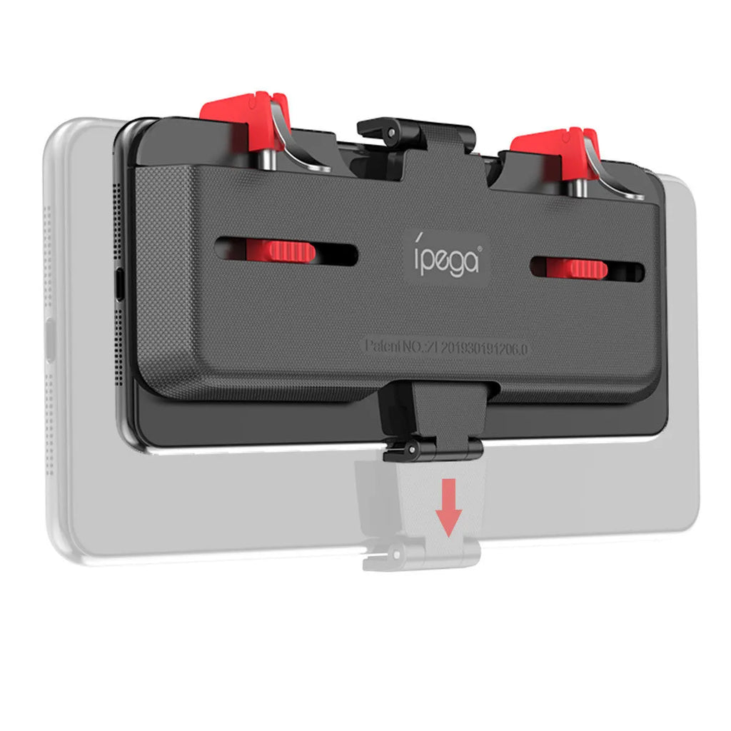 Black mobile phone gaming trigger handle bracket with pull-out concealed trigger and adjustable telescopic phone clip.