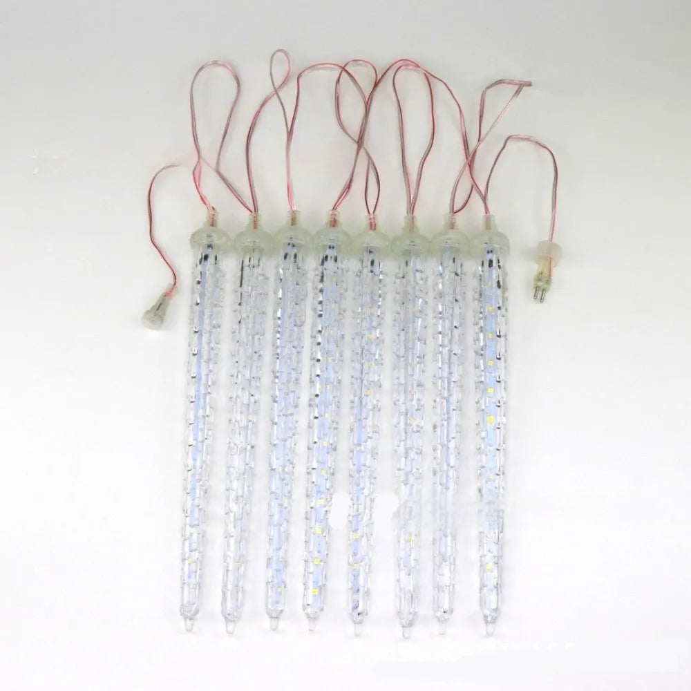 Solar-powered LED ice cone meteor shower festoon lamp with remote control on a bracket.