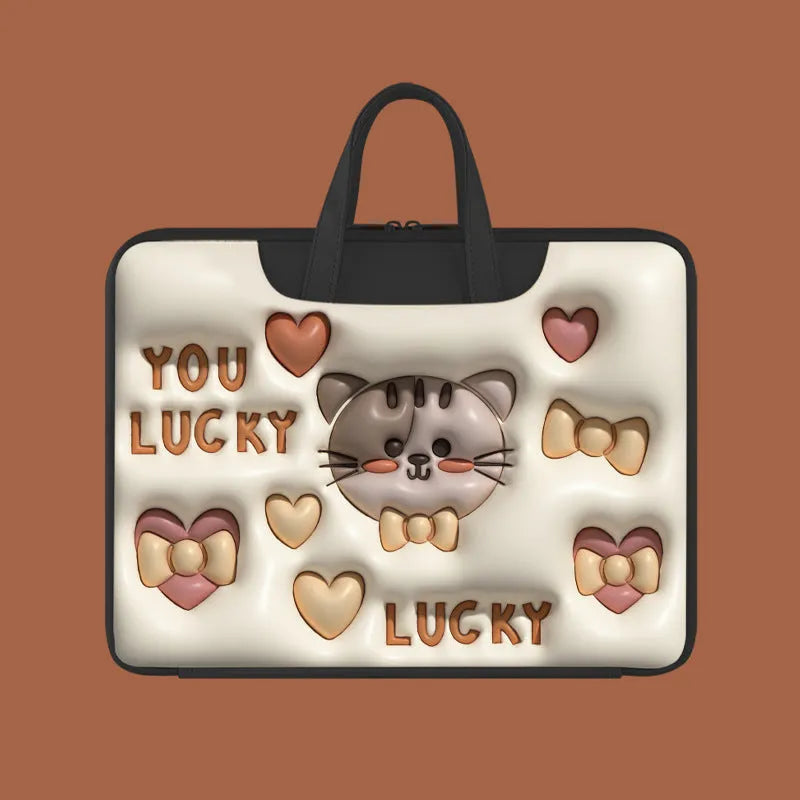 Inflatable PU leather laptop bag in a cartoon panda design with shoulder strap, shown hanging from a suitcase.