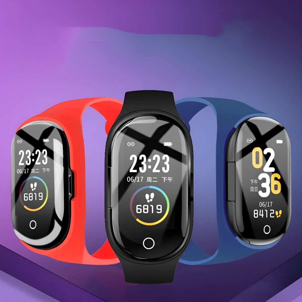Smart bracelet earphone combo with 1-inch screen in silicone wristband showing activity tracking display