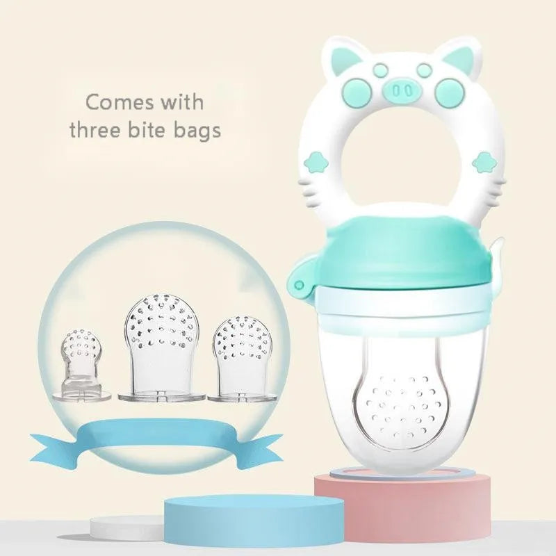 Soft silicone baby teether in blue colour with textured mouthpiece for chewing