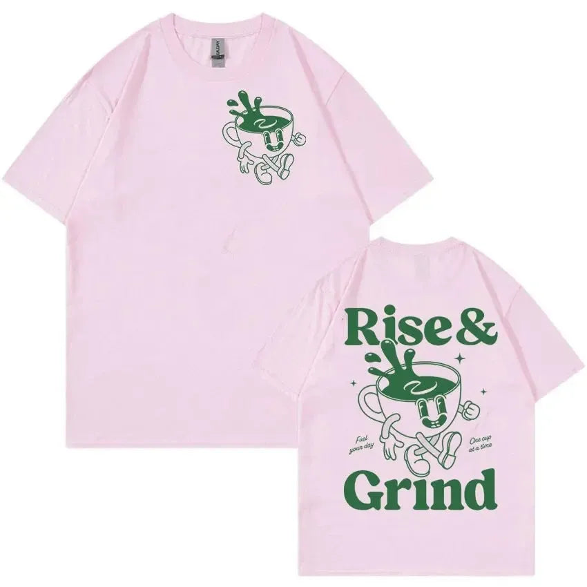 Loose fit men's linen T-shirt with a cartoon graphic of a green coffee bag and 'Rise And Grind' text.