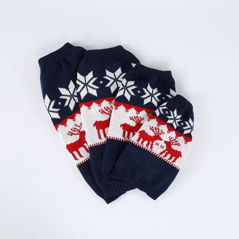 Navy blue knitted Christmas sweater for dogs showing European and American styling with four size options