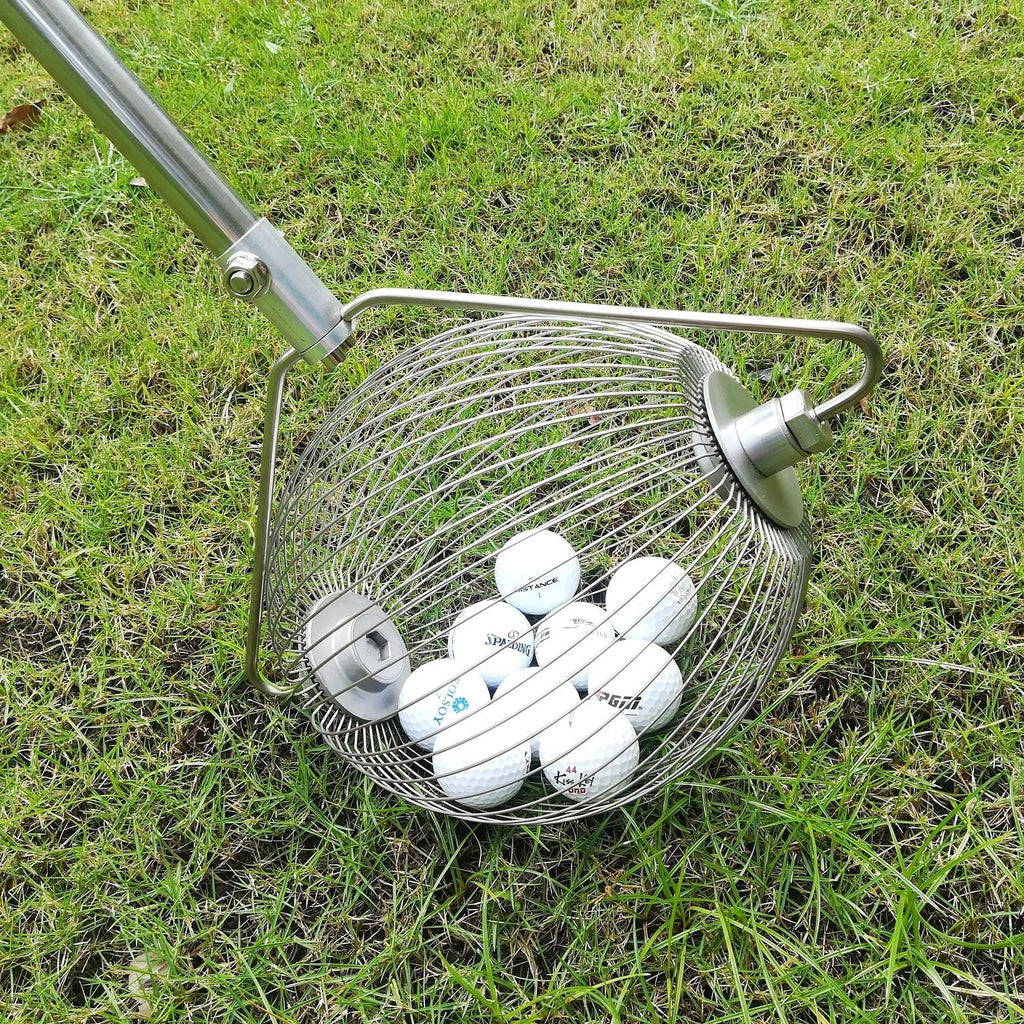 Stainless steel golf ball picker with metallic finish for retrieving practice balls