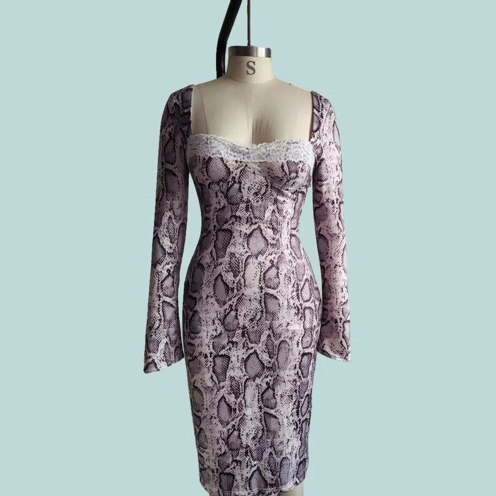 Grey women's slim fit lace dress with long sleeves and A-line skirt showing digital 3D printed pattern.