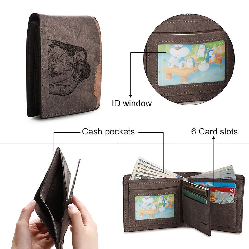 Coffee coloured horizontal short wallet with photo engraving personalisation