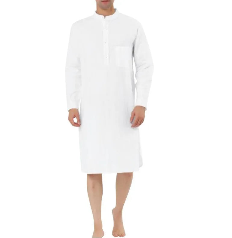 Men's simple pocket shirt robe in cotton fabric, shown in a selection of available colours.