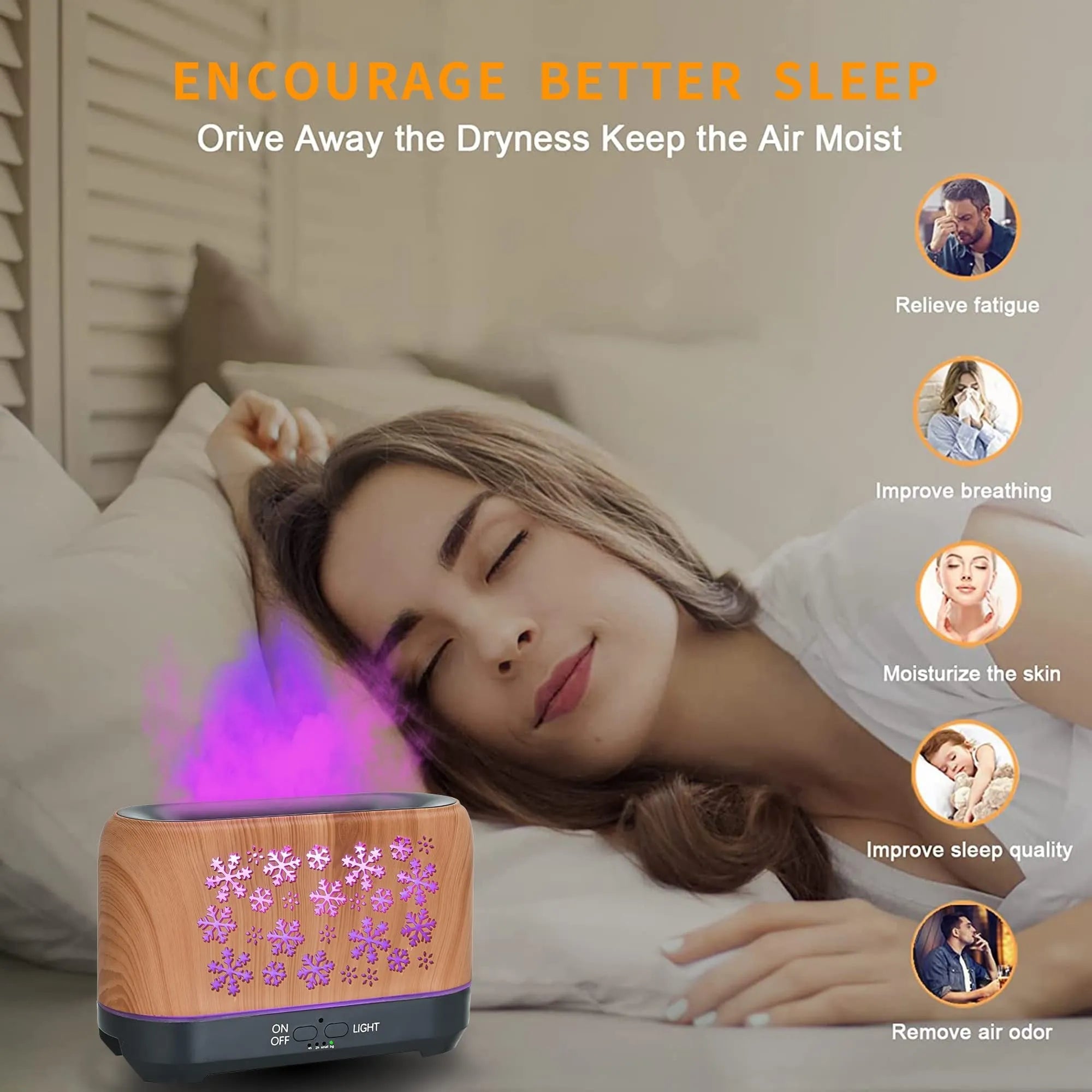 Colourful snowflake wood grain desktop humidifier with remote control and flame lighting effect