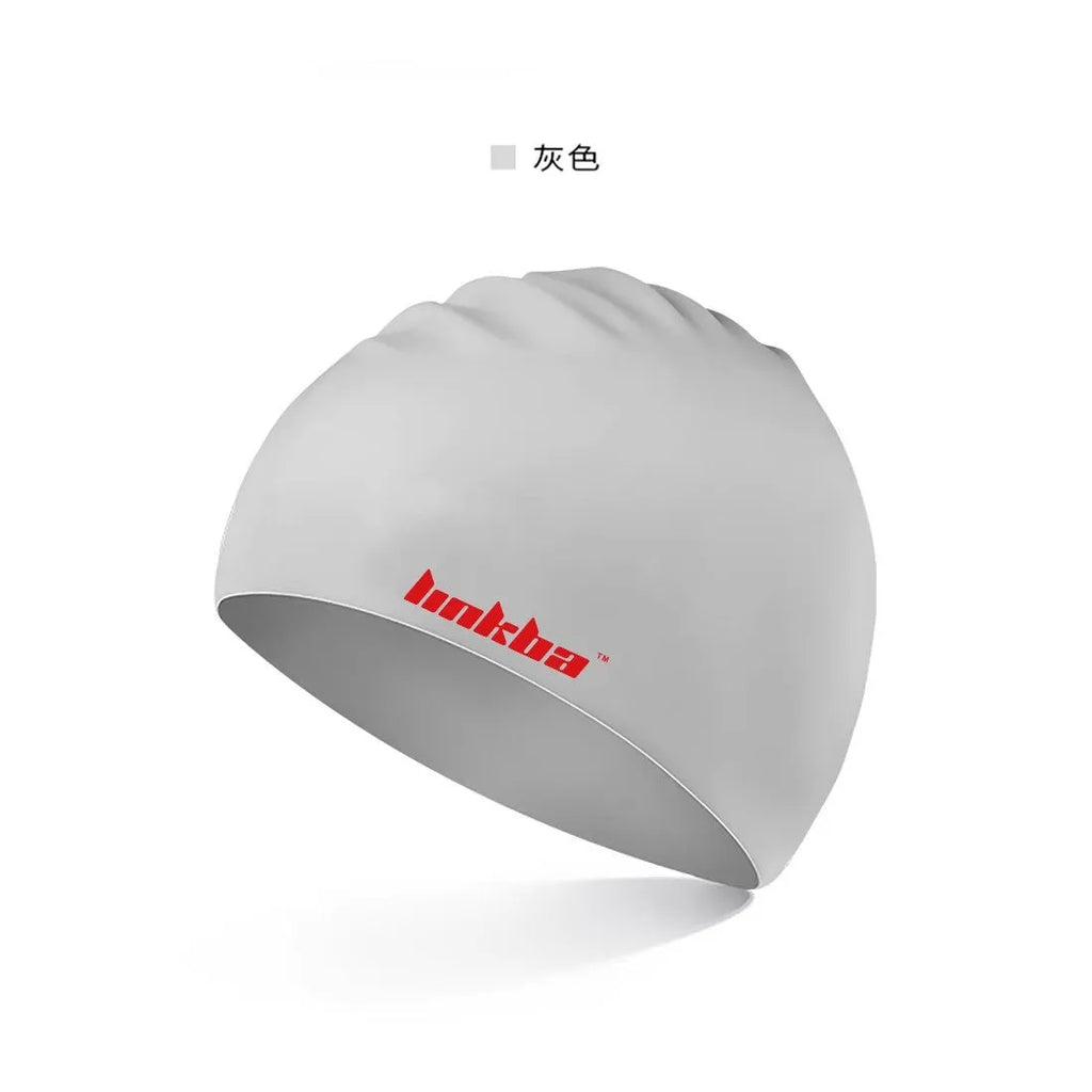 Silicone swimming cap with waterproof earmuffs and a letter pattern, shown in five colour options.