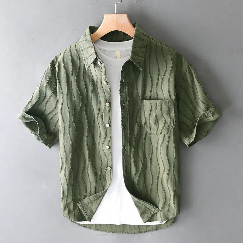 Men's apricot coloured pure cotton loose-fit casual summer shirt with short sleeves.