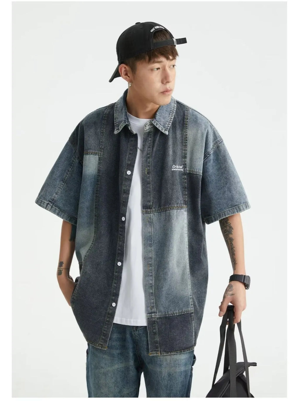 Blue denim shirt with Japanese retro washed stitching detail in loose cardigan fit for men