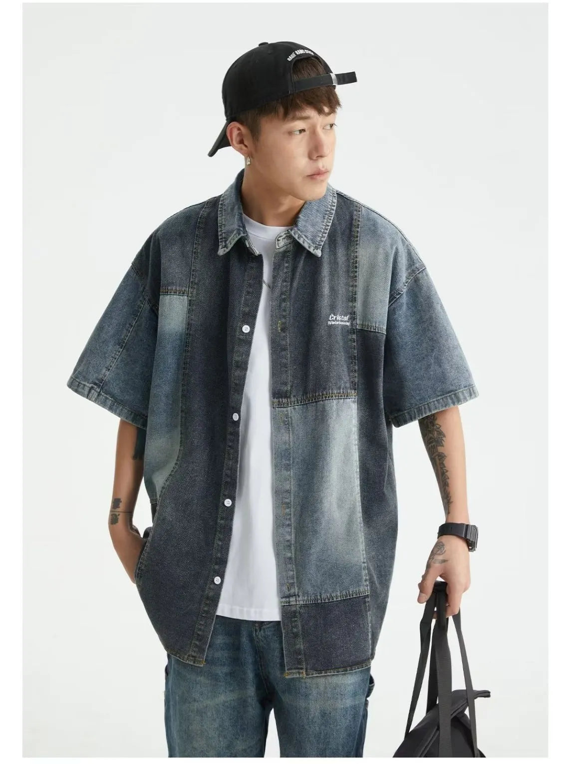 Blue denim shirt with Japanese retro washed stitching detail in loose cardigan fit for men