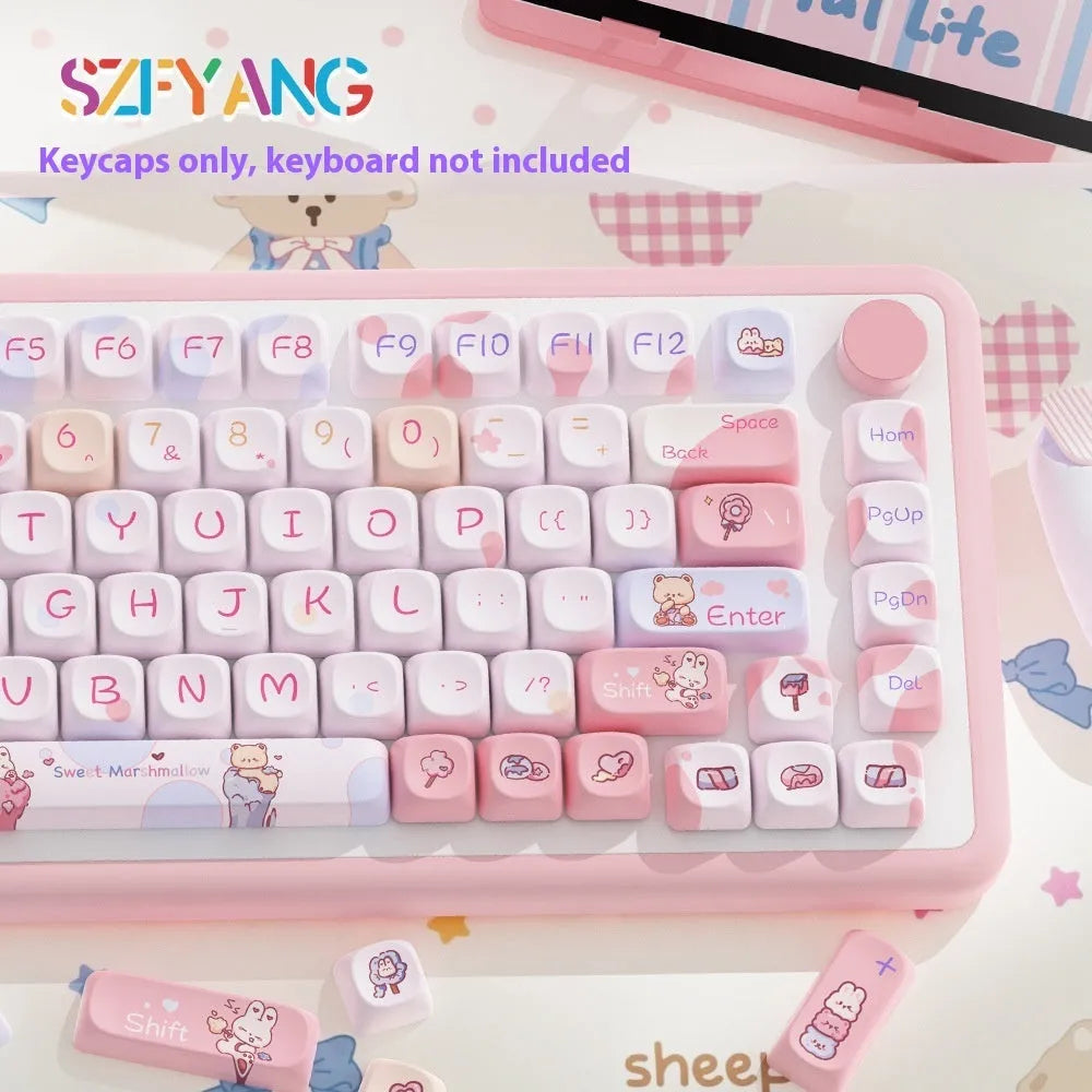 Sweet cotton candy coloured mechanical keyboard keycap set showing pastel keys for 112 and 120 key layouts.
