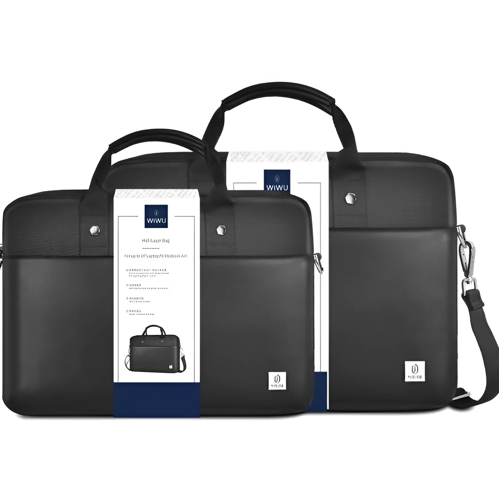 Black Oxford cloth laptop backpack showing multiple organisational pockets and a lock on the front.