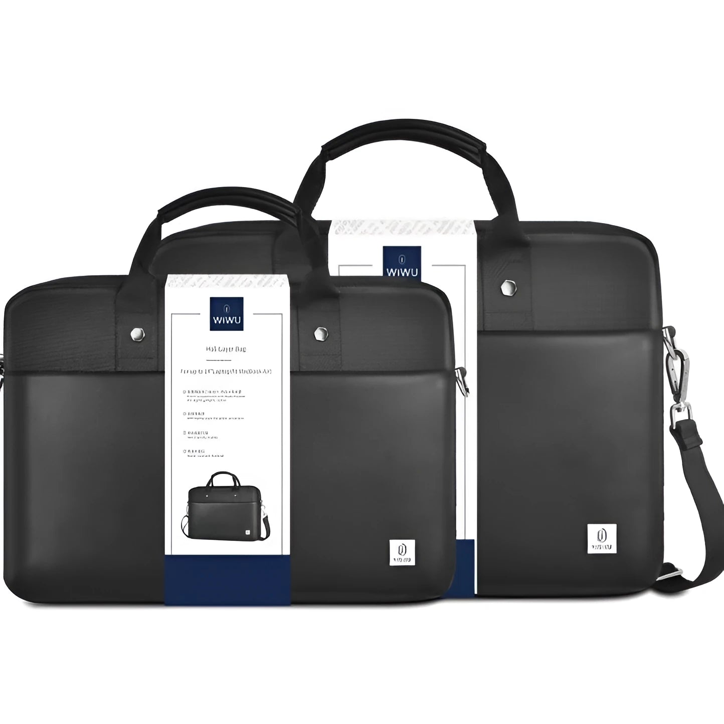 Black Oxford cloth laptop backpack showing multiple organisational pockets and a lock on the front.