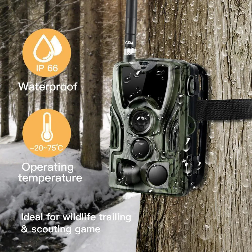 Green cellular trail camera with lens display showing 16MP resolution and 65ft night vision specifications