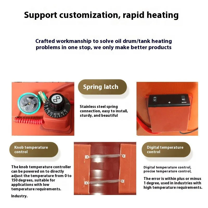 Flexible silicone rubber heating belt wrapped around a 200-litre oil drum with control unit visible