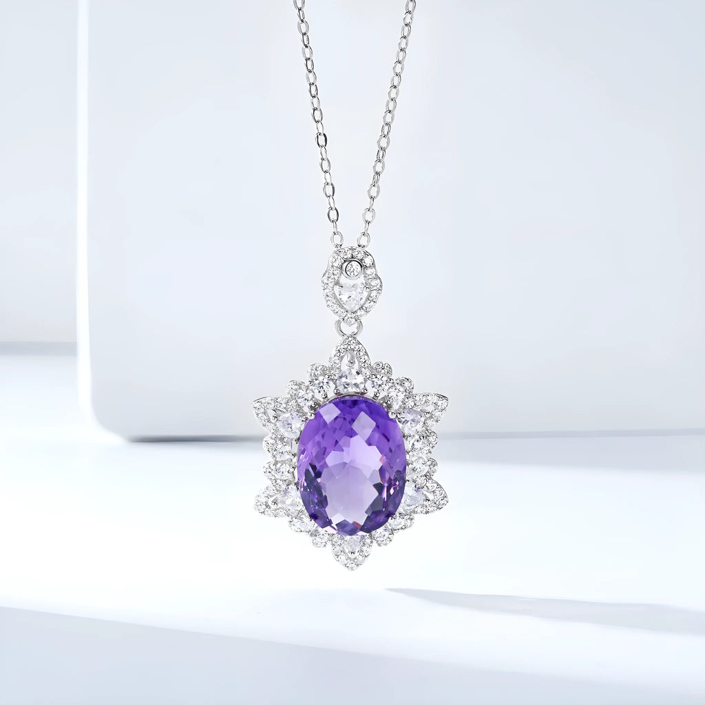 Natural amethyst necklace in 925 silver with geometric pendant and adjustable chain