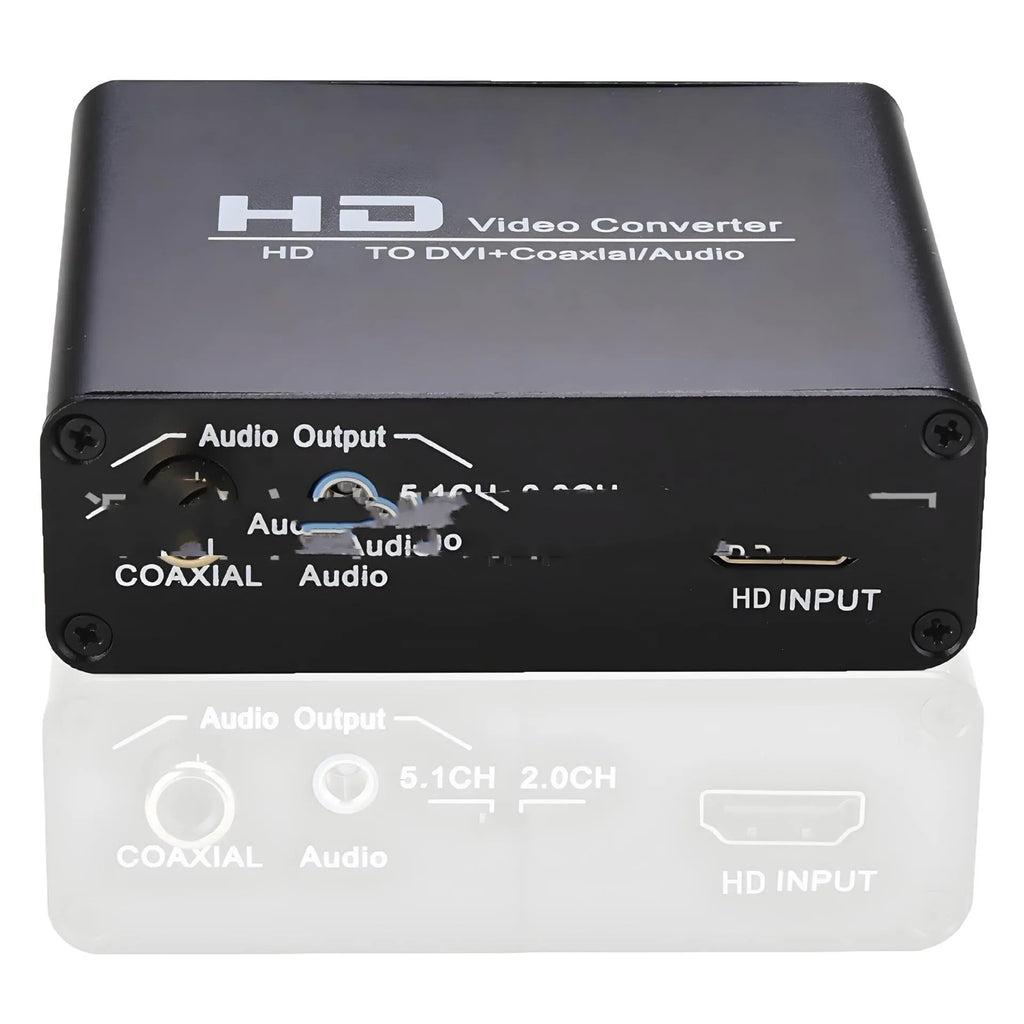 Black HDMI to DVI converter with 1.5m cable and 3.5mm audio output port for 1080p video.