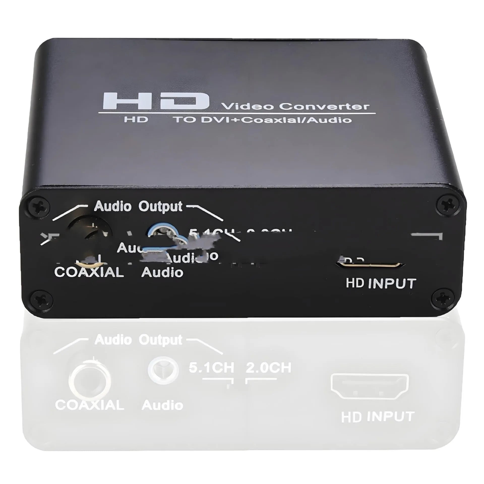 Black HDMI to DVI converter with 1.5m cable and 3.5mm audio output port for 1080p video.