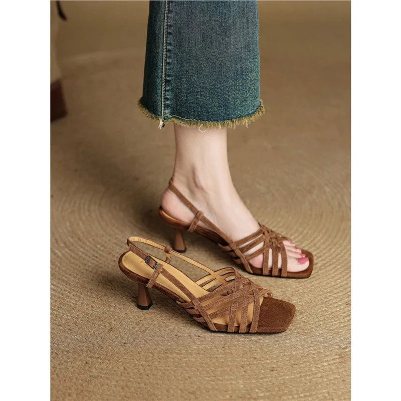 Retro thin cross-strap mid heel sandals with square toe and ankle buckle in light brown colour