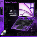 Blue iPad keyboard protective case with mute button, shown next to a pink and purple version.