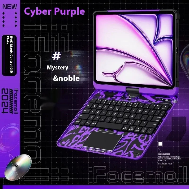 Blue iPad keyboard protective case with mute button, shown next to a pink and purple version.