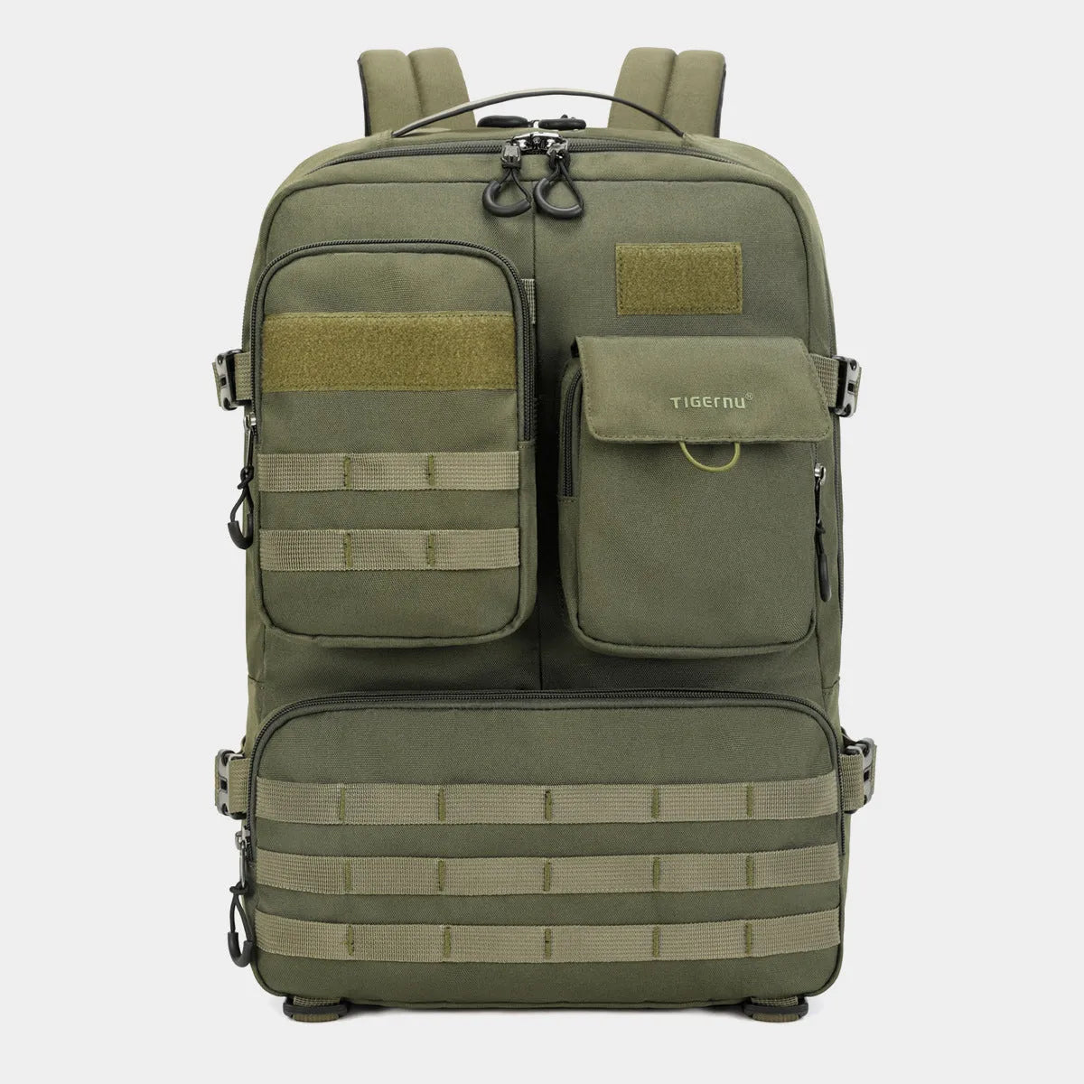Army green 17-inch tactical nylon backpack with 20-35L capacity for outdoor use.
