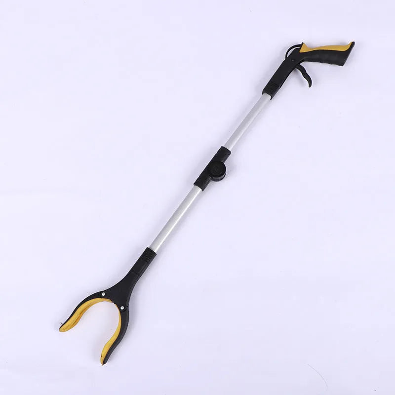 Foldable aluminium rubbish clamp with magnet, shown extended to 80cm and folded to 42cm with blue handle